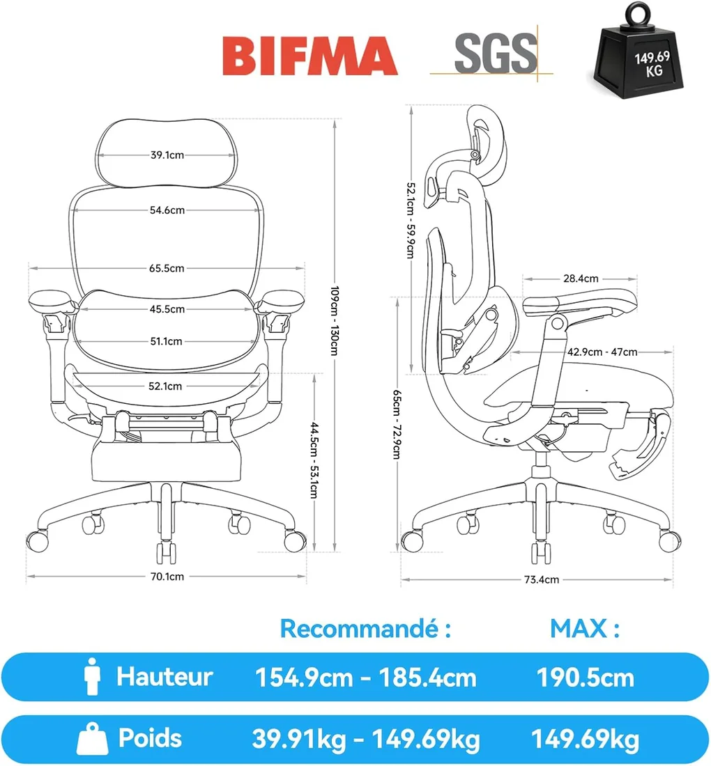 Détails ergonomiques d’une chaise Sihoo
